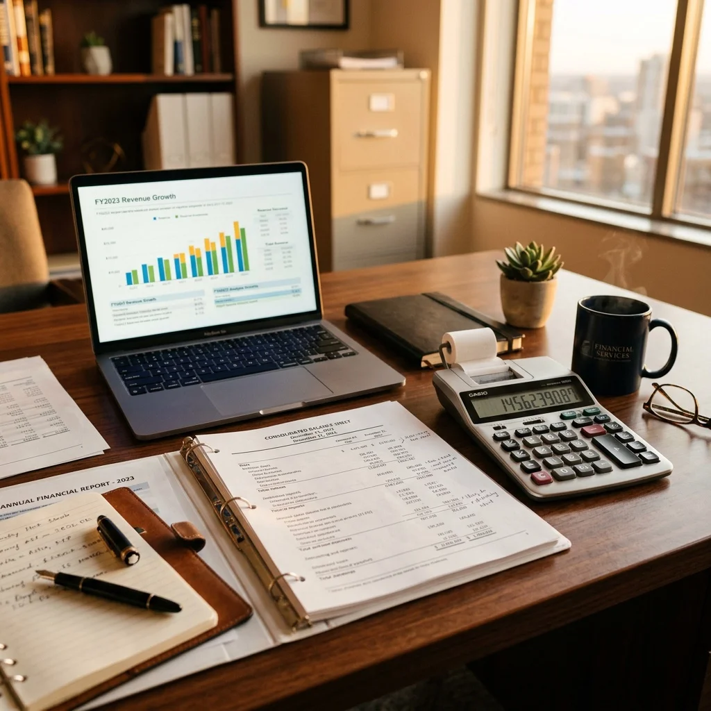 Professional accountant preparing annual accounts with financial statements and reports on desk