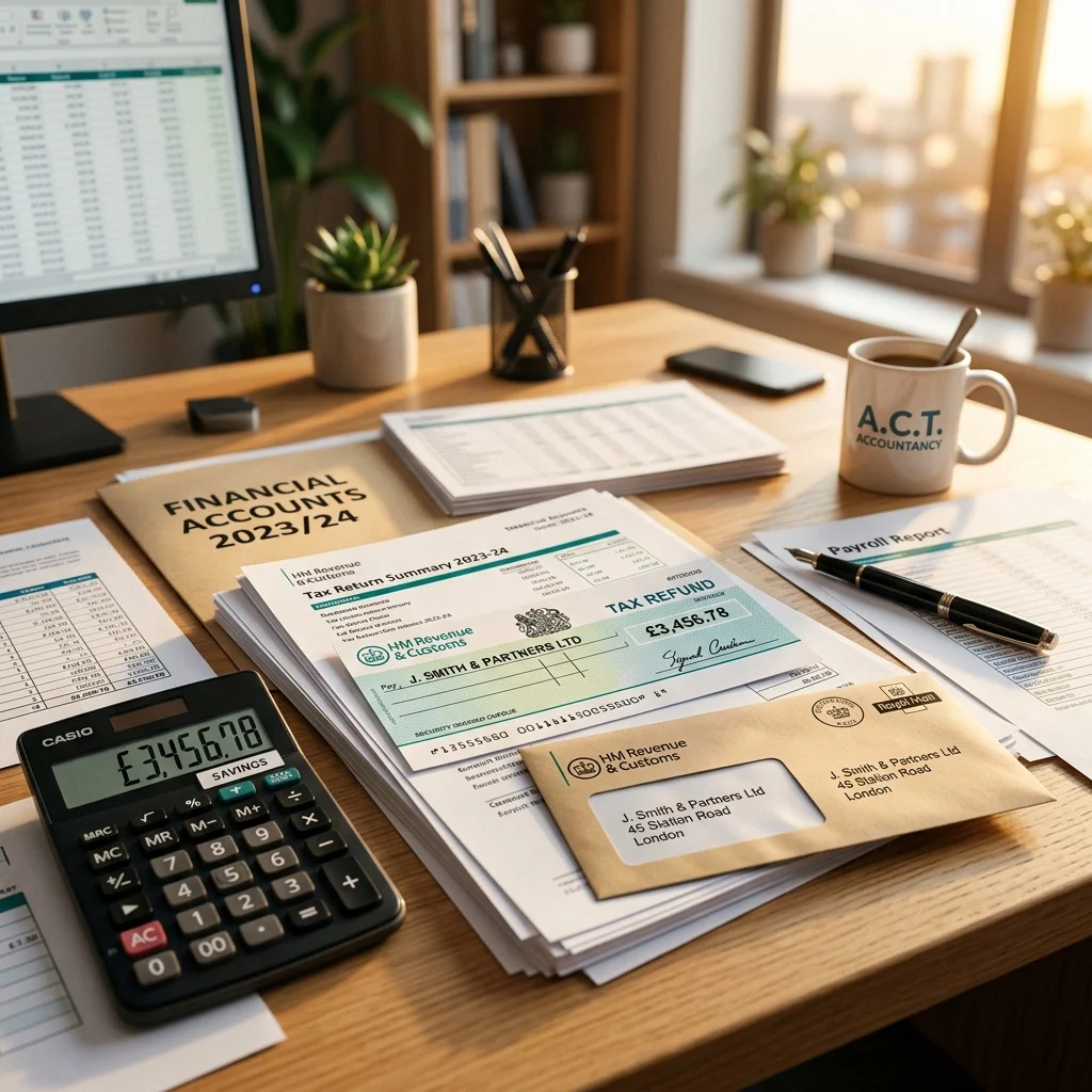 Happy client receiving tax refund cheque from professional accountant in modern office