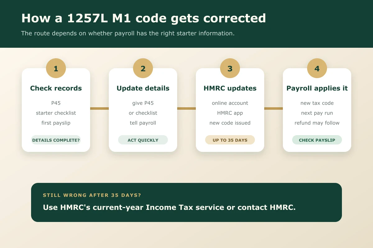 Four-step process for correcting a 1257L M1 emergency tax code using payroll records, HMRC updates, and the next payslip