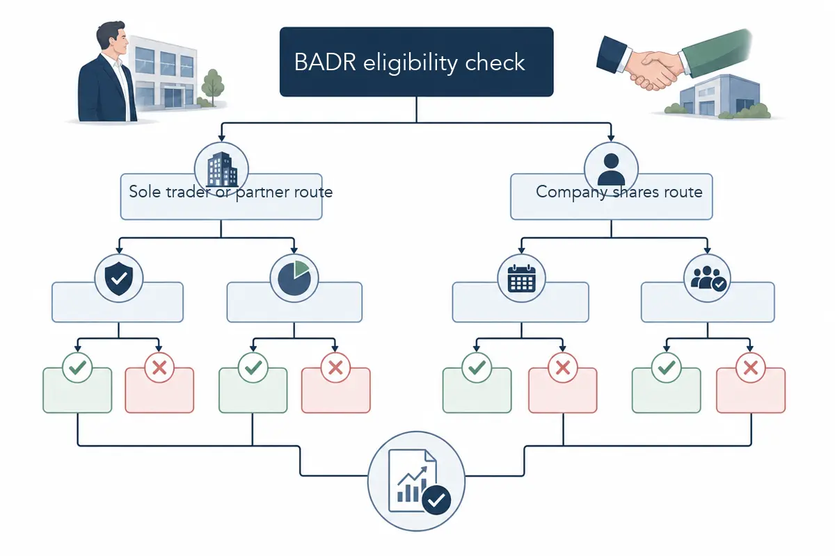 Decision tree showing the sole trader or partner route and the company shares route for Business Asset Disposal Relief eligibility