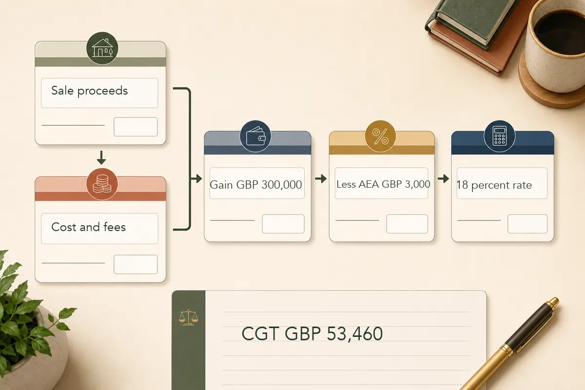 Worked example graphic showing sale proceeds, cost and fees, a GBP 300,000 gain, the GBP 3,000 annual exempt amount, and CGT of GBP 53,460