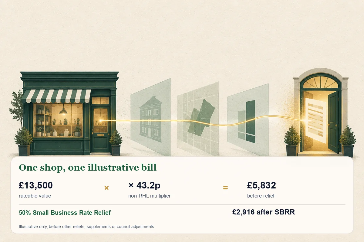 Worked non-RHL business rates example: £13,500 rateable value times the 43.2p multiplier gives £5,832 before 50% Small Business Rate Relief and £2,916 after it