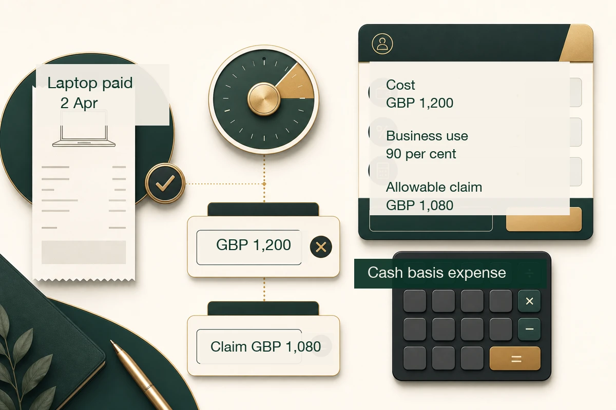 Calculation visual showing a 90 percent business-use laptop claim under cash basis accounting for a sole trader