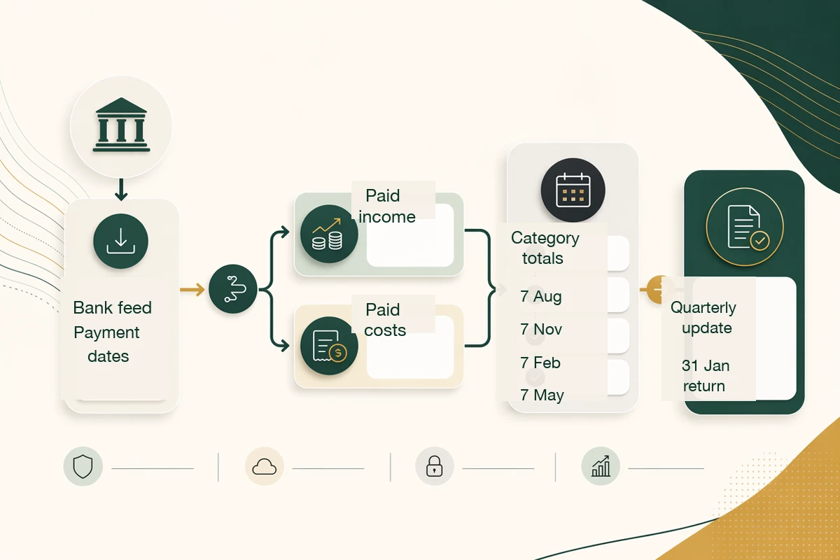 Making Tax Digital workflow visual showing bank feed, paid income, paid costs, quarterly updates, and 31 January tax return for cash basis records