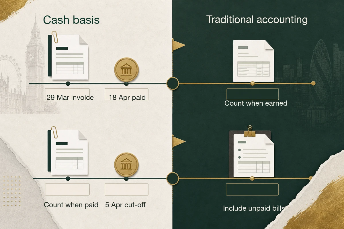 Side-by-side visual explaining cash basis versus traditional accounting timing for invoices, bills, and tax year cut-off