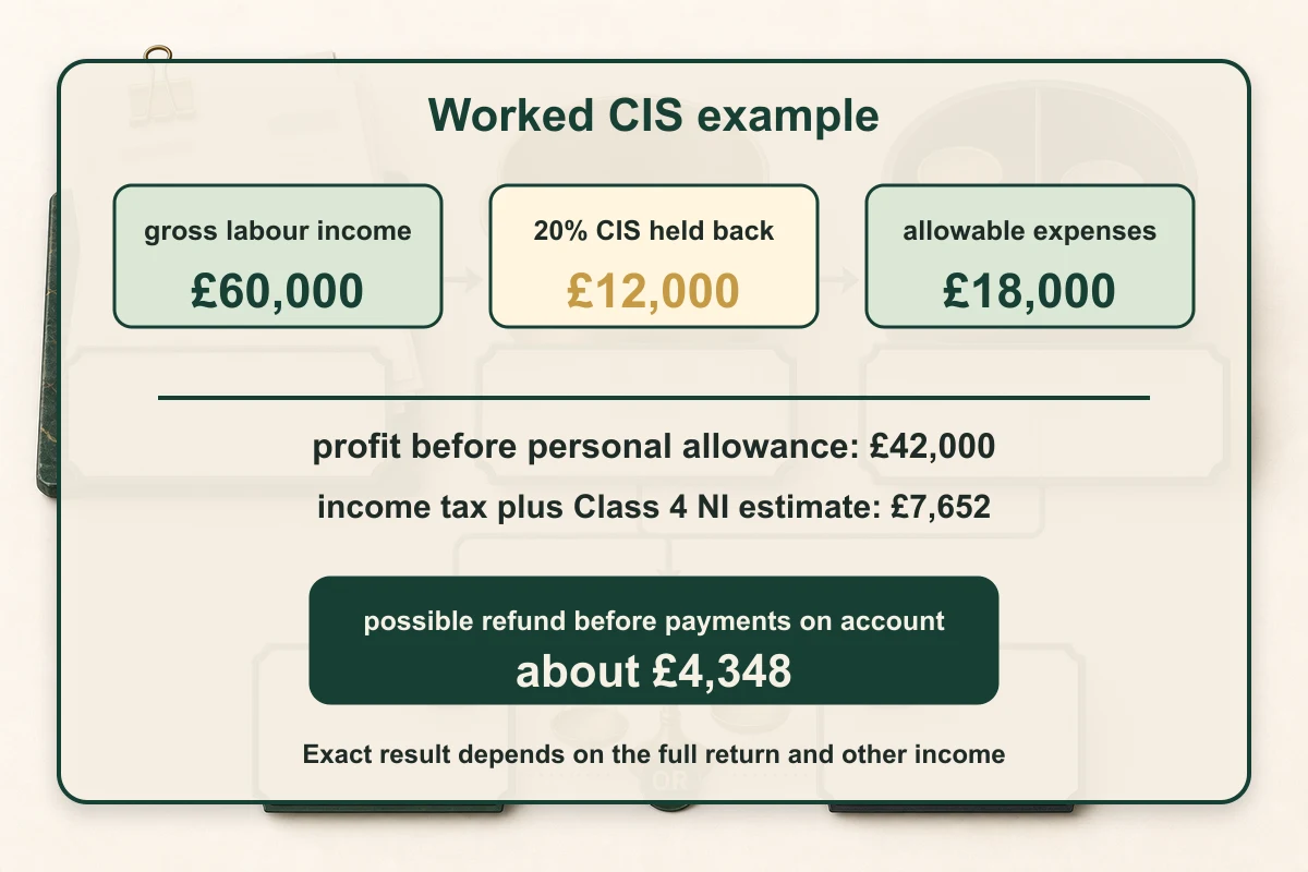 Worked CIS tax return calculation showing gross labour income of GBP 60,000, CIS deductions of GBP 12,000, expenses of GBP 18,000, and a possible refund of about GBP 4,348