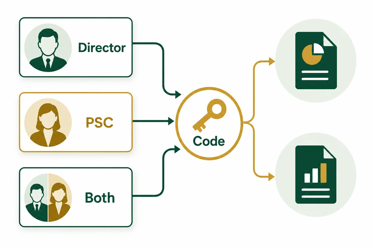Role map showing Director, PSC, and Both paths leading to a Companies House personal code and filing records