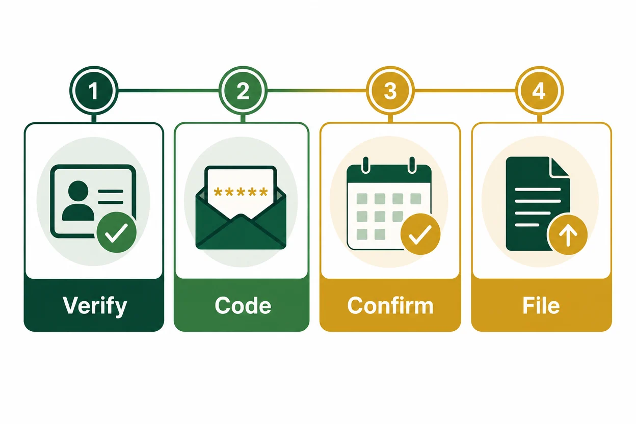 Four step timeline showing the Companies House identity verification flow from verifying identity to receiving a code, confirming the role, and filing