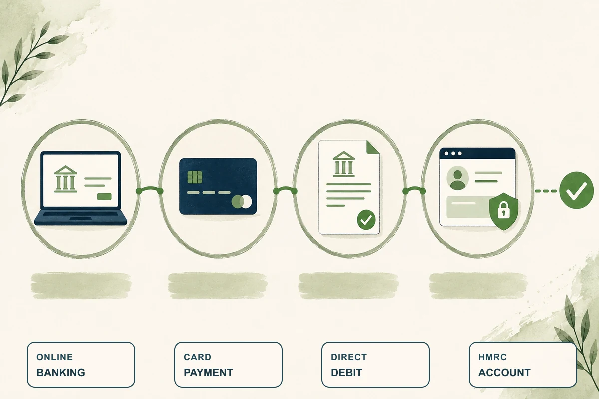 Corporation Tax payment methods showing online banking, card payment, Direct Debit and the HMRC business account