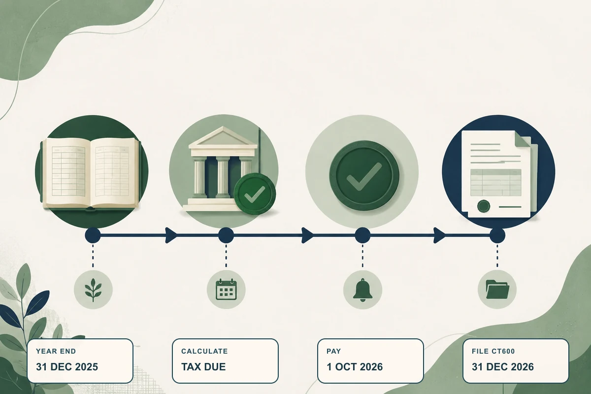 Timeline showing a 31 December 2025 year end, Corporation Tax calculation, 1 October 2026 payment and 31 December 2026 CT600 deadline