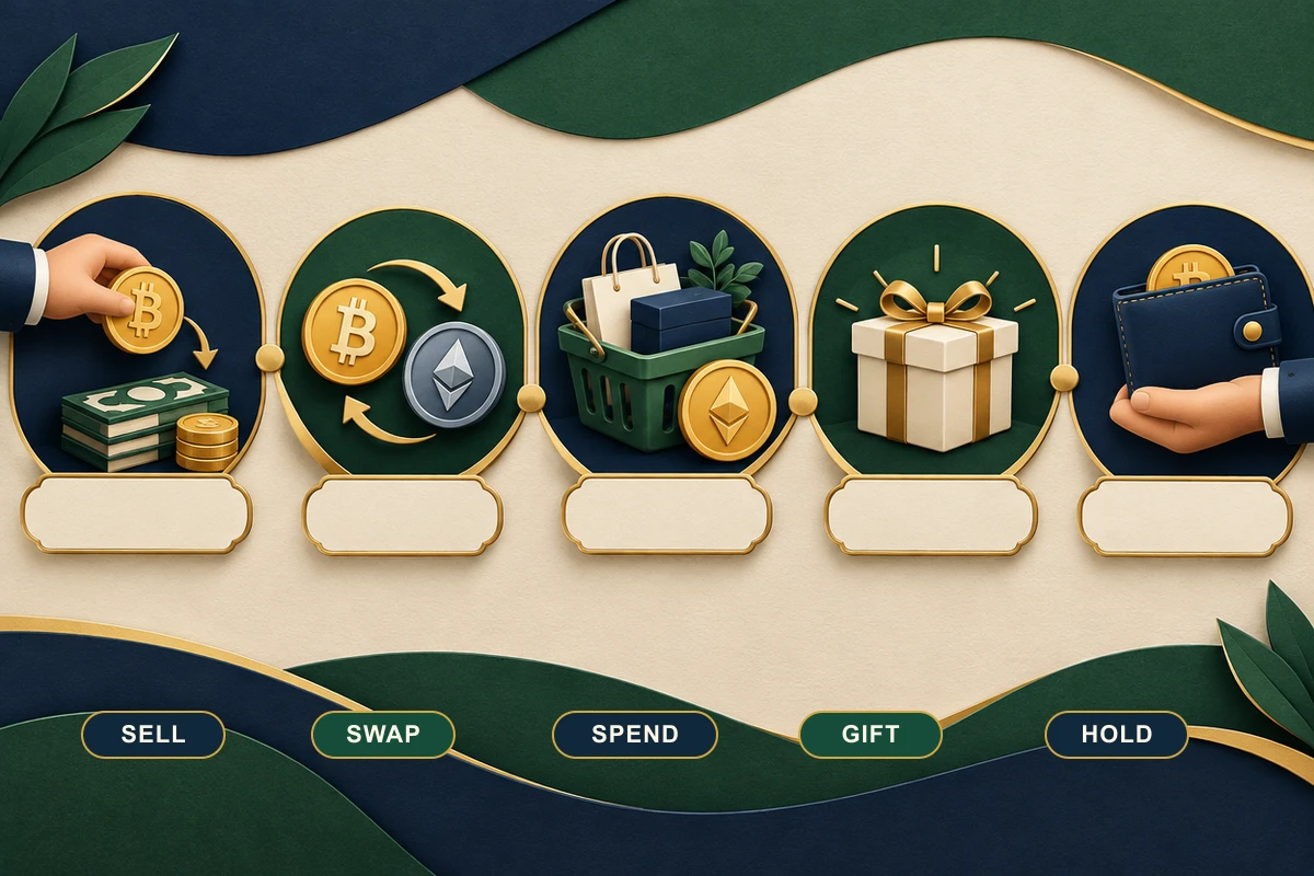 Decision map showing crypto activity that can create a disposal, including selling, swapping, spending and gifting, alongside holding