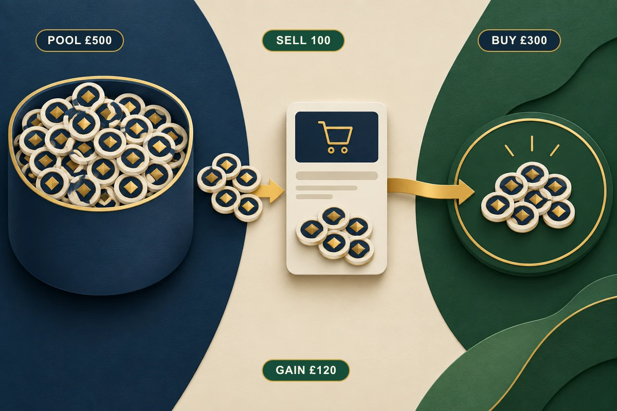 Worked example showing 400 ABC tokens, a £500 pool, a 100-token disposal and a 30-day matched purchase of £300