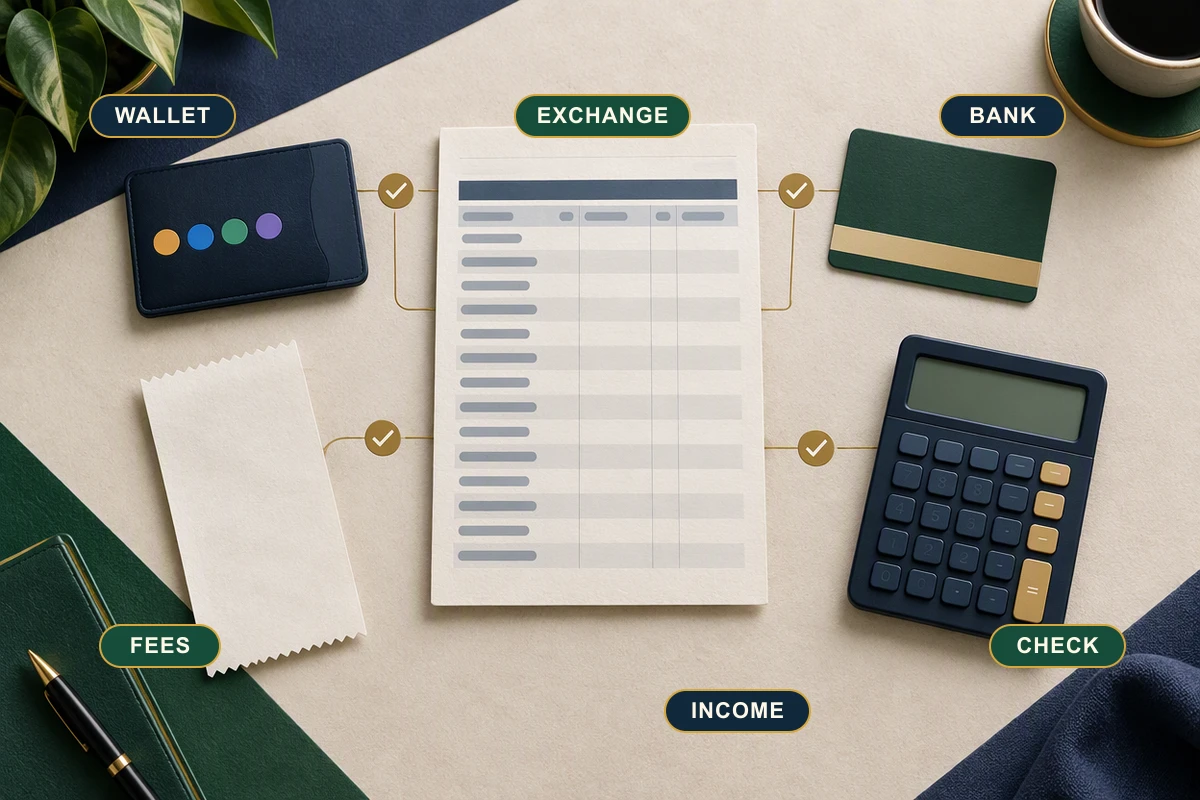 Crypto tax records checklist showing exchange CSVs, wallet addresses, bank statements, fees, income receipts and pooled-cost calculations