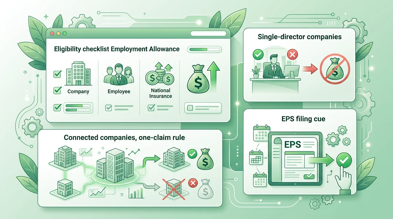 Clean UK payroll eligibility graphic showing Employment Allowance claim rules, exclusions, connected-company limit, and the single-director warning