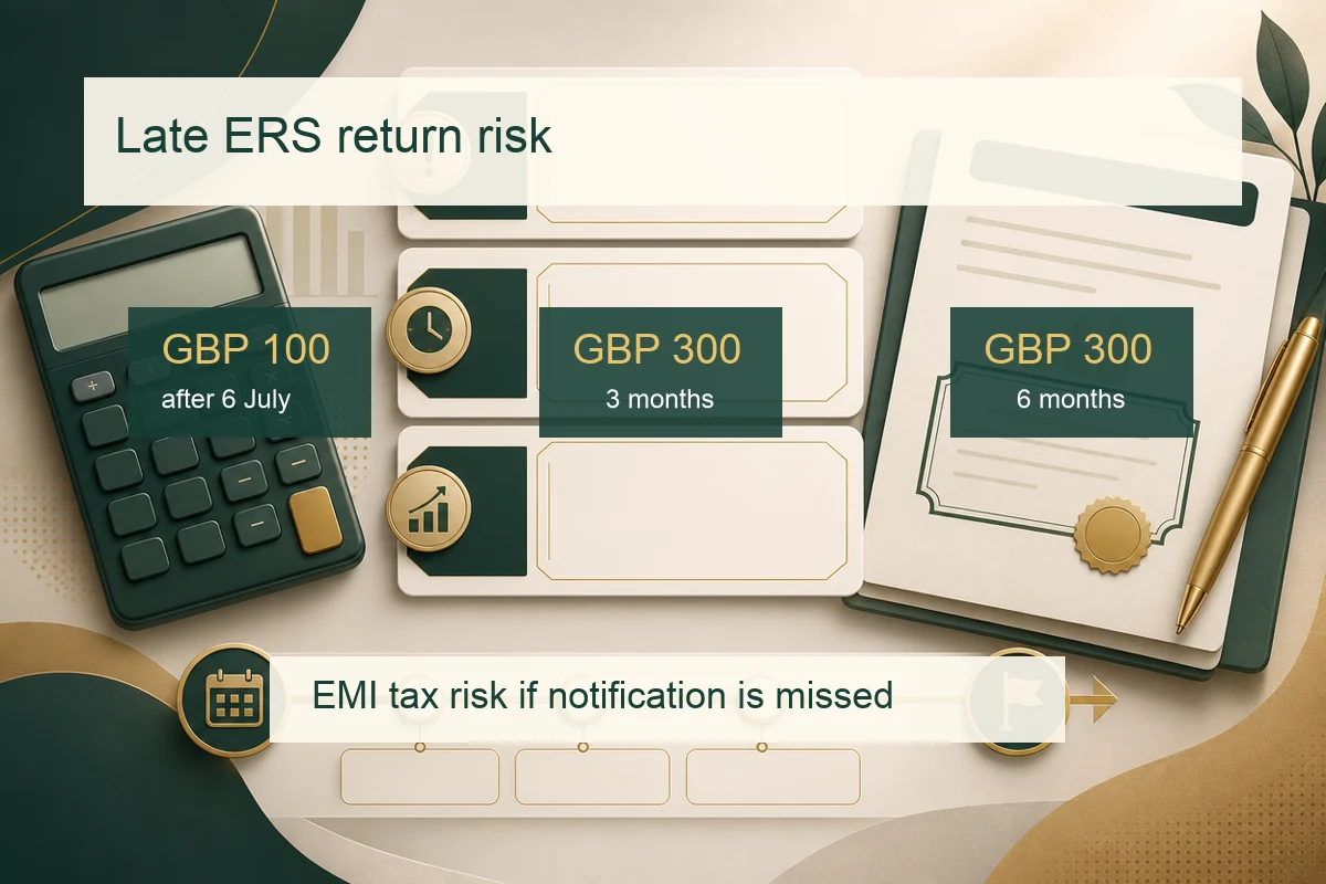 Penalty and EMI risk graphic showing £100 late filing, £300 three month penalty, £300 six month penalty, and tax advantage risk