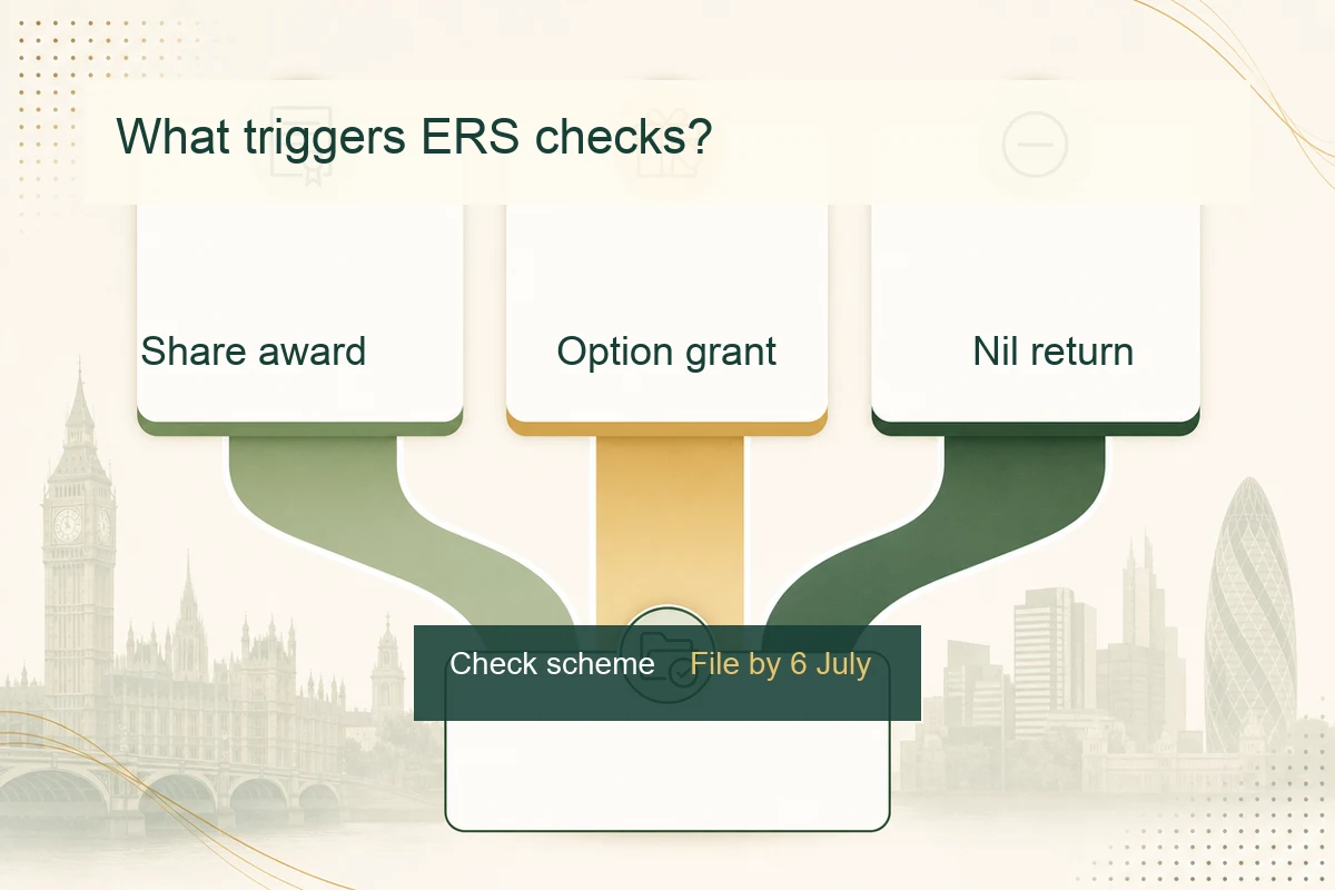 Decision map showing share award, option grant, nil return, and ERS filing route for UK employers