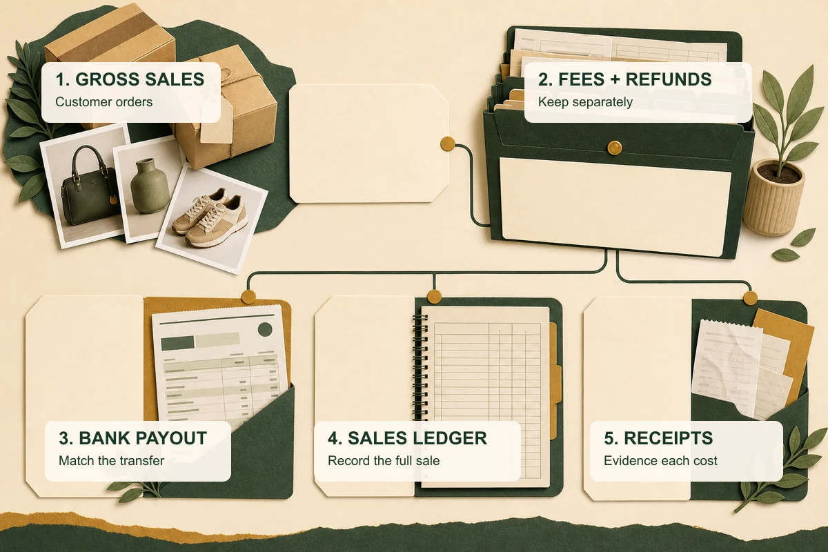 Record flow for an Etsy seller showing gross customer sales, marketplace fees, business costs and the bank payout as separate bookkeeping entries