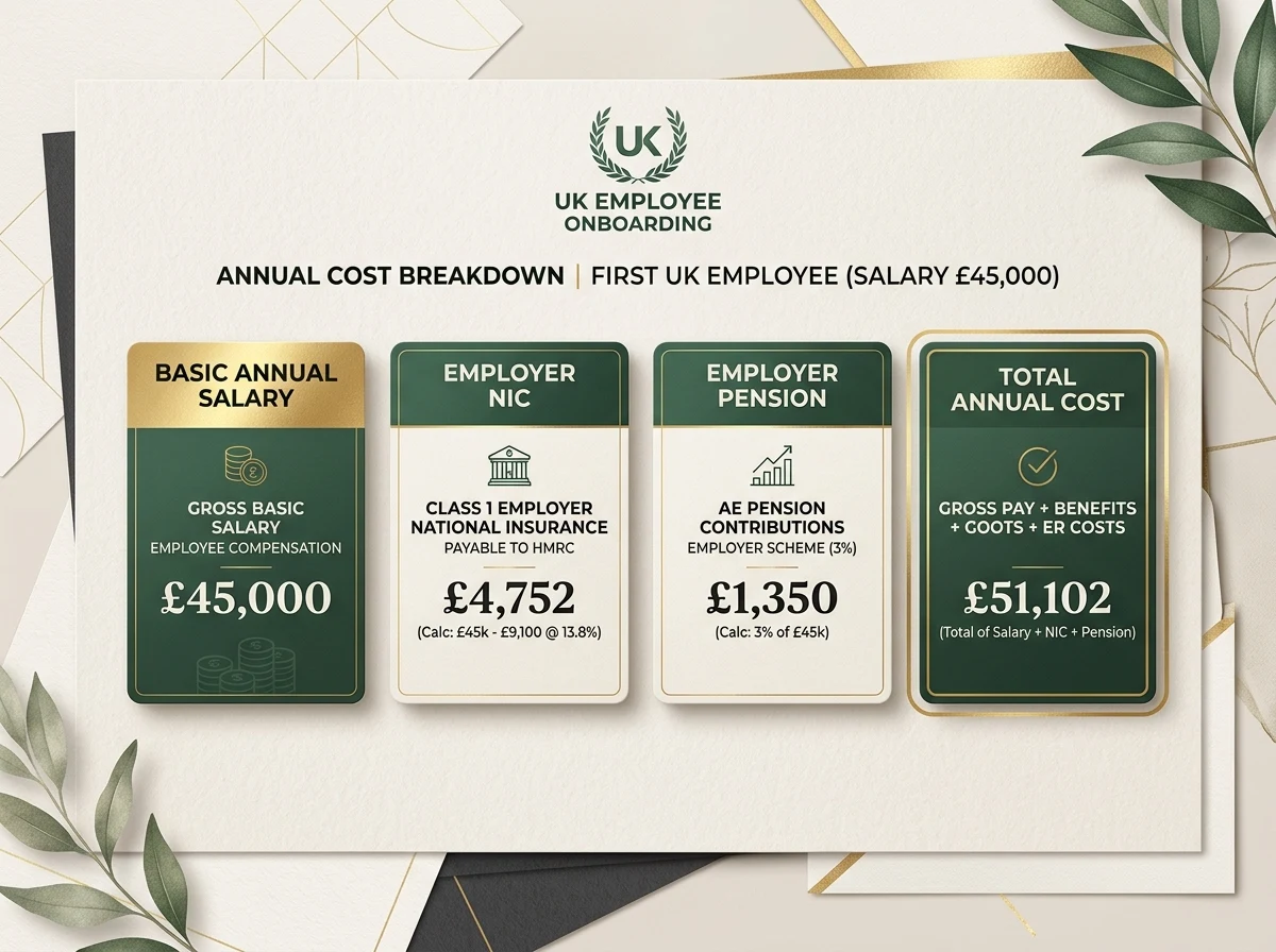 Branded payroll cost visual showing salary, employer NIC, pension, and total annual employment cost cards for a first employee