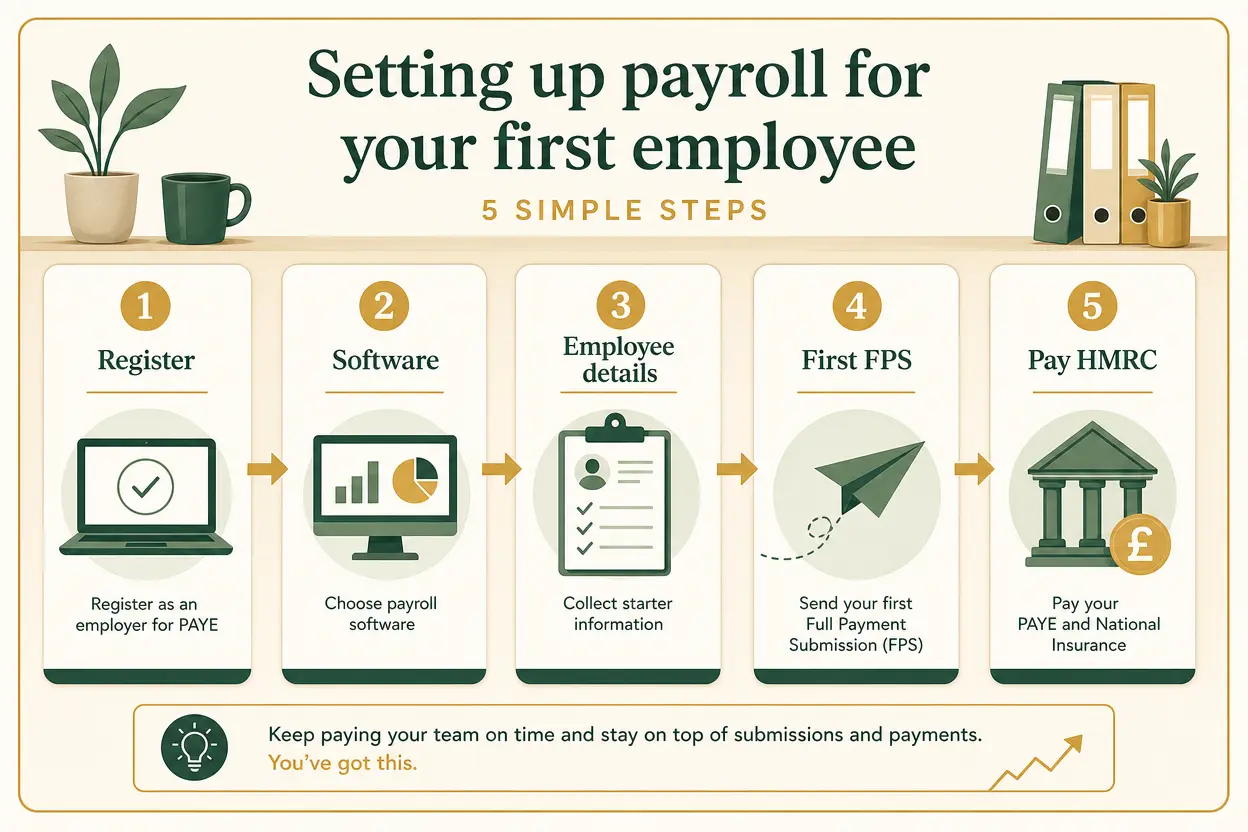 Five-step setup flow for first employee payroll showing Register, Software, Employee details, First FPS, and Pay HMRC