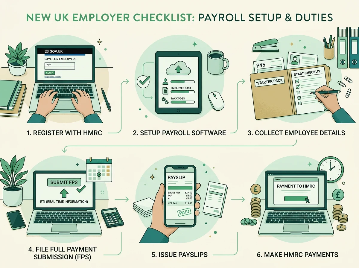 Editorial checklist graphic showing a first payroll sequence for a UK employer: HMRC registration, payroll software, employee data, FPS filing, payslip, and HMRC payment