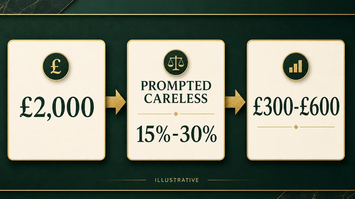 Worked penalty example showing £2,000 potential lost revenue, a prompted careless range of 15%-30%, and an illustrative £300-£600 starting range
