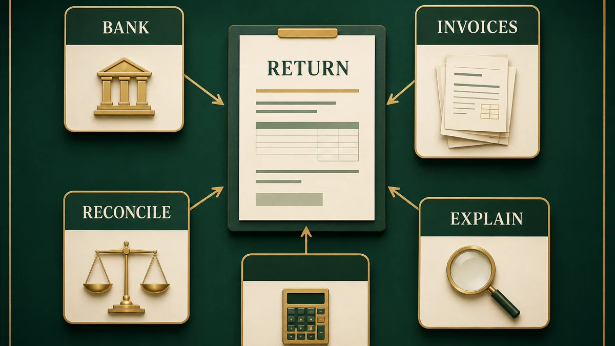 Practical records pack for an HMRC compliance check, showing the path from return figures to bank evidence, invoices, reconciliations and explanations