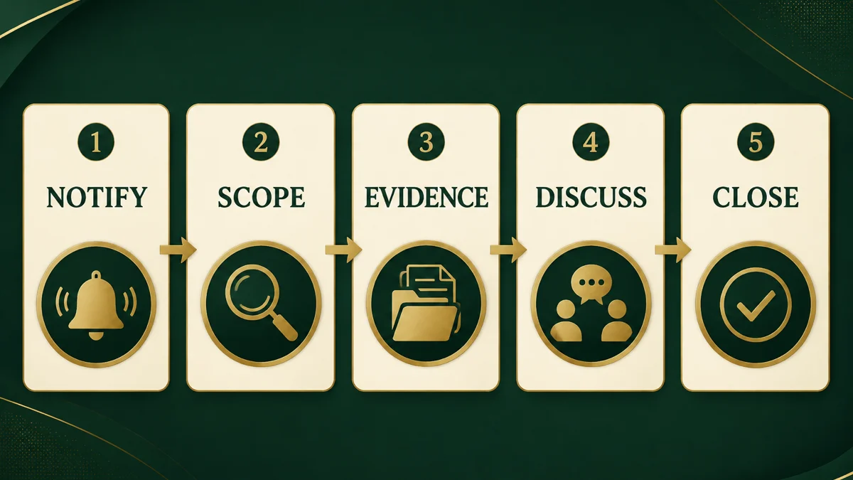 Clear five-stage HMRC compliance check process from notification and scope through evidence, discussion and closure