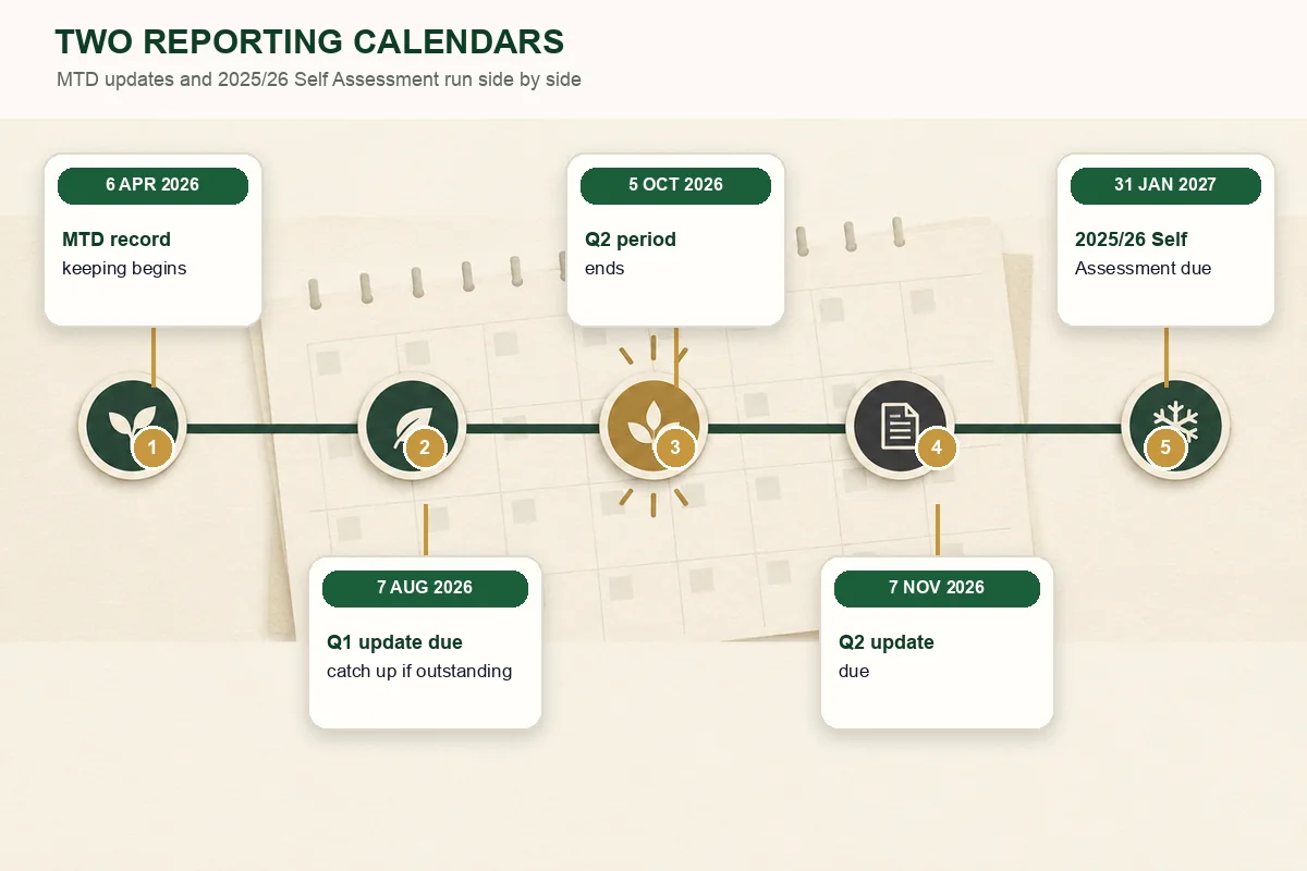 MTD timeline separating the Q1 catch-up from the 7 November 2026 Q2 update and the 31 January 2027 Self Assessment deadline