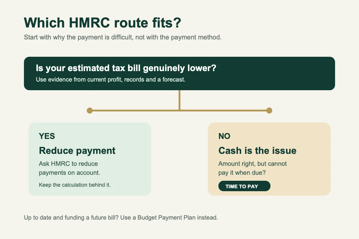 Decision map showing when to reduce a payment on account, request Time to Pay, or use a Budget Payment Plan