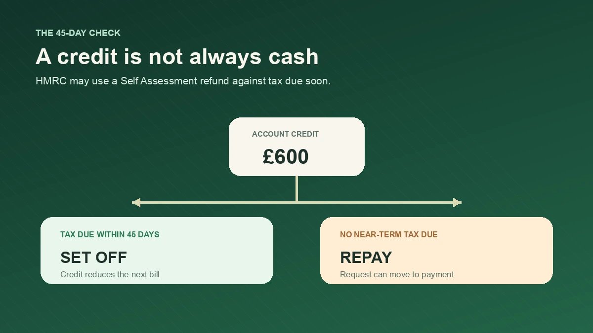 Decision visual showing a Self Assessment credit, a 45-day check for upcoming tax, and two paths: repayment or offset against the next bill