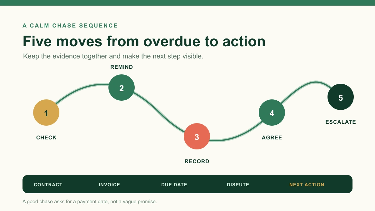 Process map showing an overdue invoice moving through evidence check, reminder, dispute log, payment promise and proportionate escalation