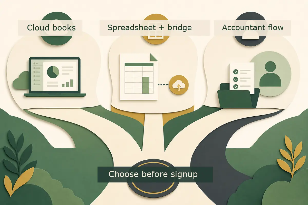 Decision map showing three MTD software routes for sole traders: cloud books, spreadsheet plus bridge, and accountant flow