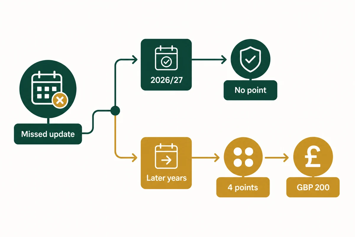Decision tree showing how a missed MTD quarterly update can move from the 2026/27 soft landing to later penalty points and a £200 penalty