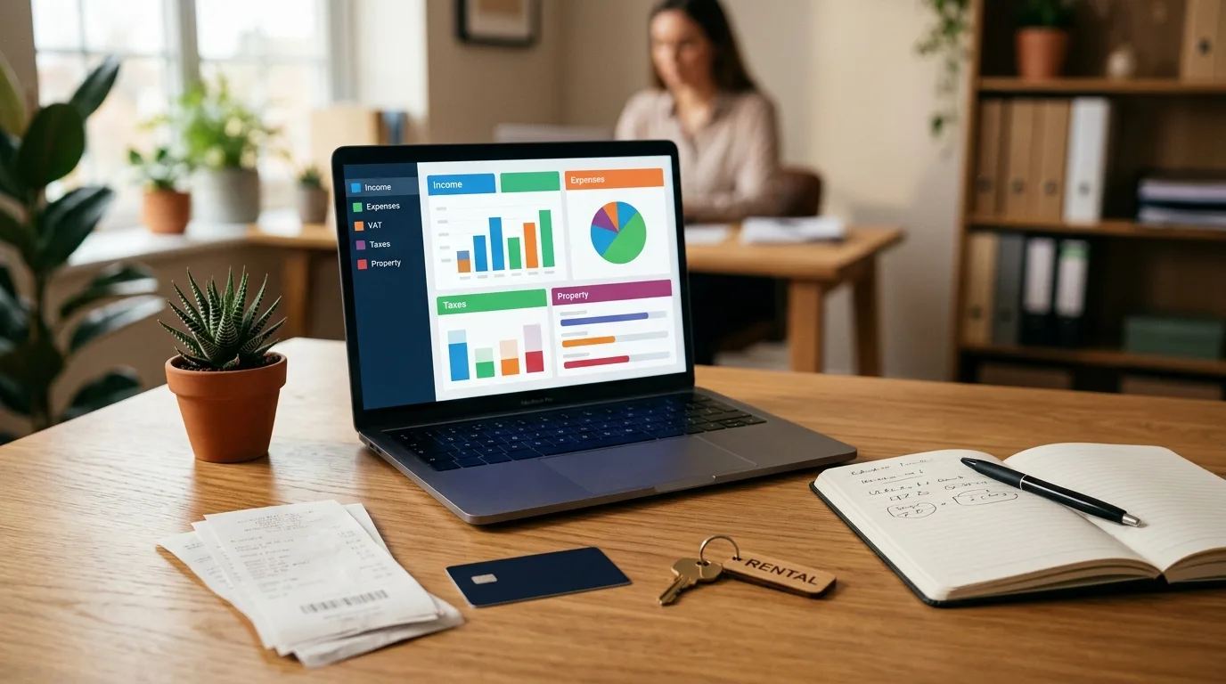 Laptop and desk visual showing MTD digital records grouped into income and expense categories for quarterly updates