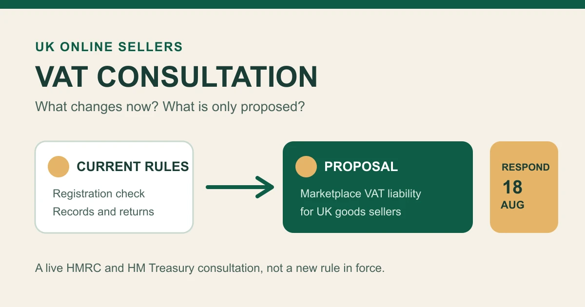 Editorial illustration of a UK online seller deciding how marketplace sales, VAT and consultation feedback fit together