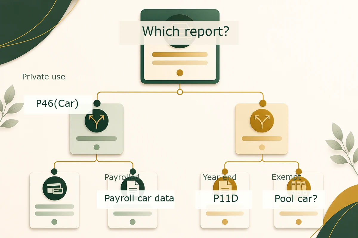 Decision map showing when company car reporting uses P46 Car, payroll car data, P11D, or pool car checks
