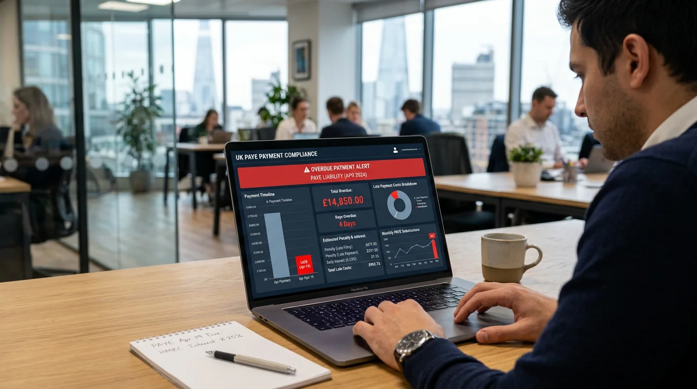 Finance dashboard style image showing how daily interest and percentage penalties build after repeated late PAYE payments