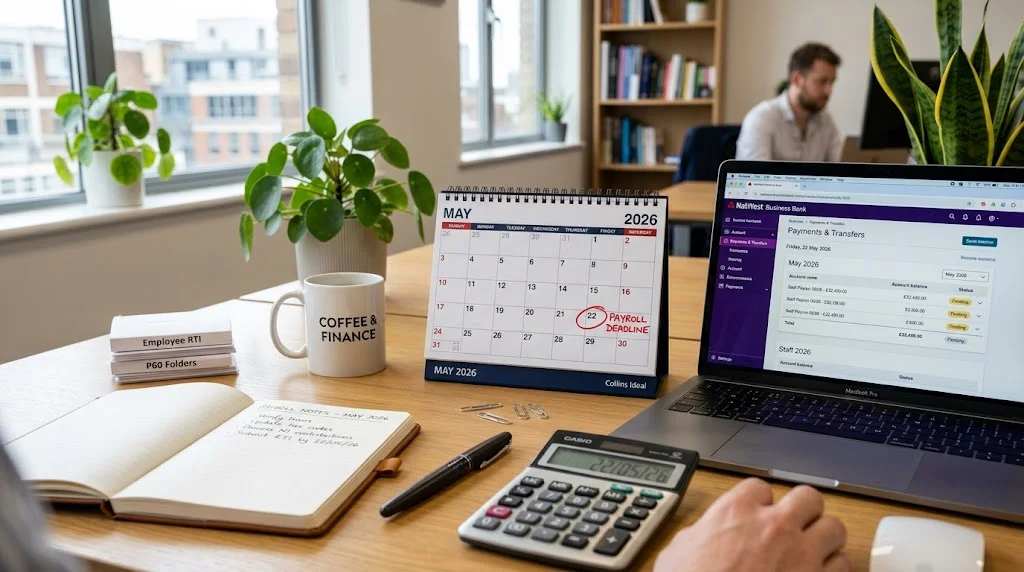Calendar and online banking themed visual showing the April tax month ending 5 May 2026 and the PAYE payment deadline on Friday 22 May 2026