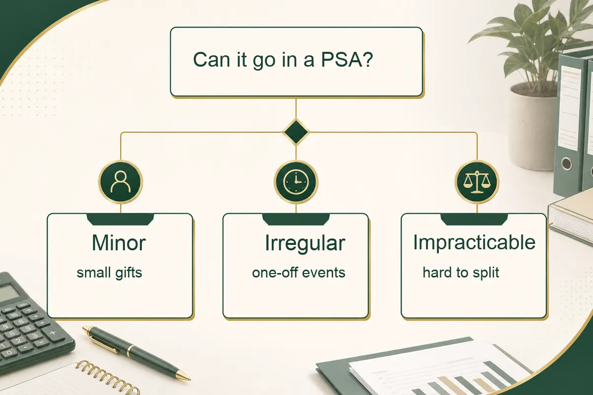 Decision tree graphic showing minor, irregular, and impracticable items that may be suitable for a PAYE Settlement Agreement