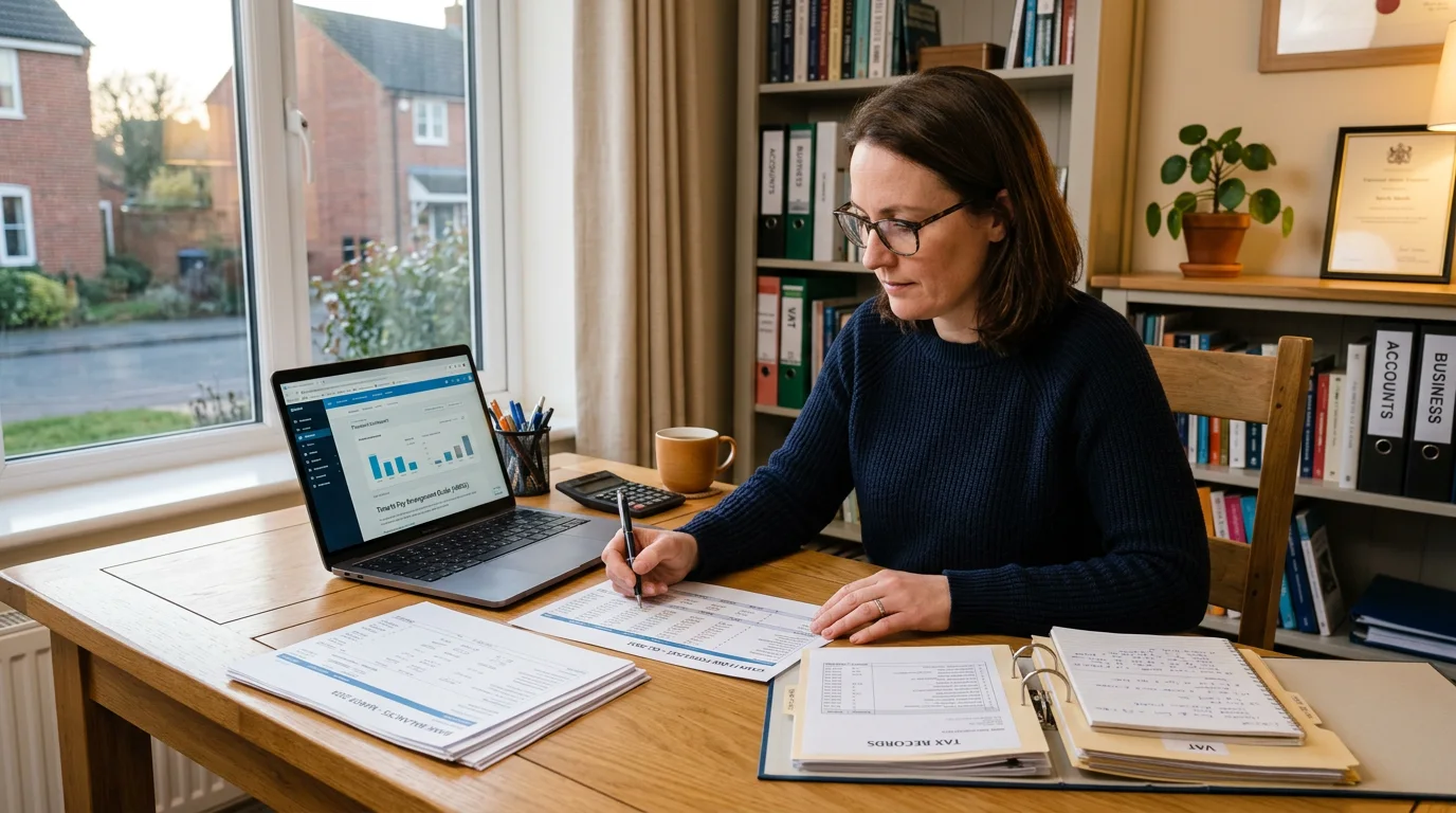 Small business cash flow planning scene with payroll notes, bank balances, and a Time to Pay preparation checklist
