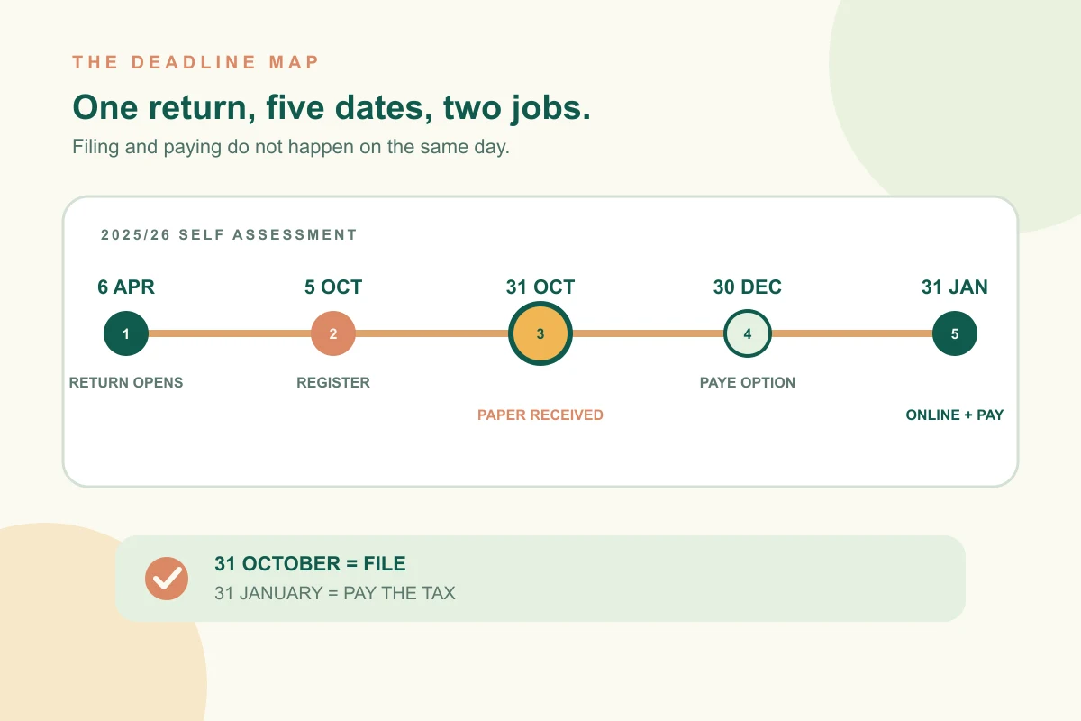 Timeline showing the 2025/26 Self Assessment dates from 6 April, through the 31 October paper deadline, to the 31 January 2027 payment date