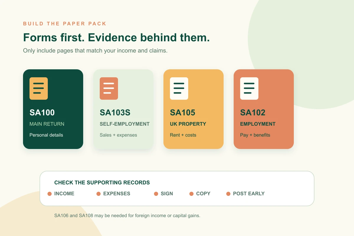 Checklist-style records pack showing SA100, SA103S, SA105, SA102, income records, expenses and supporting evidence before a paper return is posted