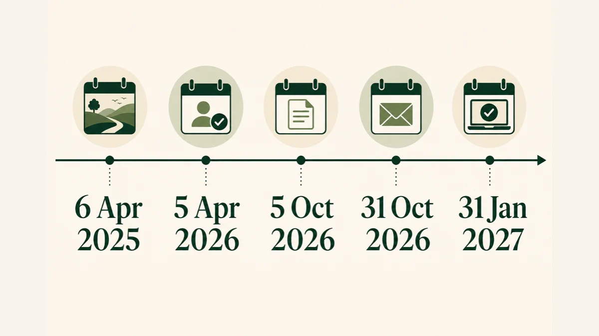 Timeline showing the 2025/26 UK tax year, 5 October 2026 registration deadline, paper filing date and 31 January 2027 online filing and payment date