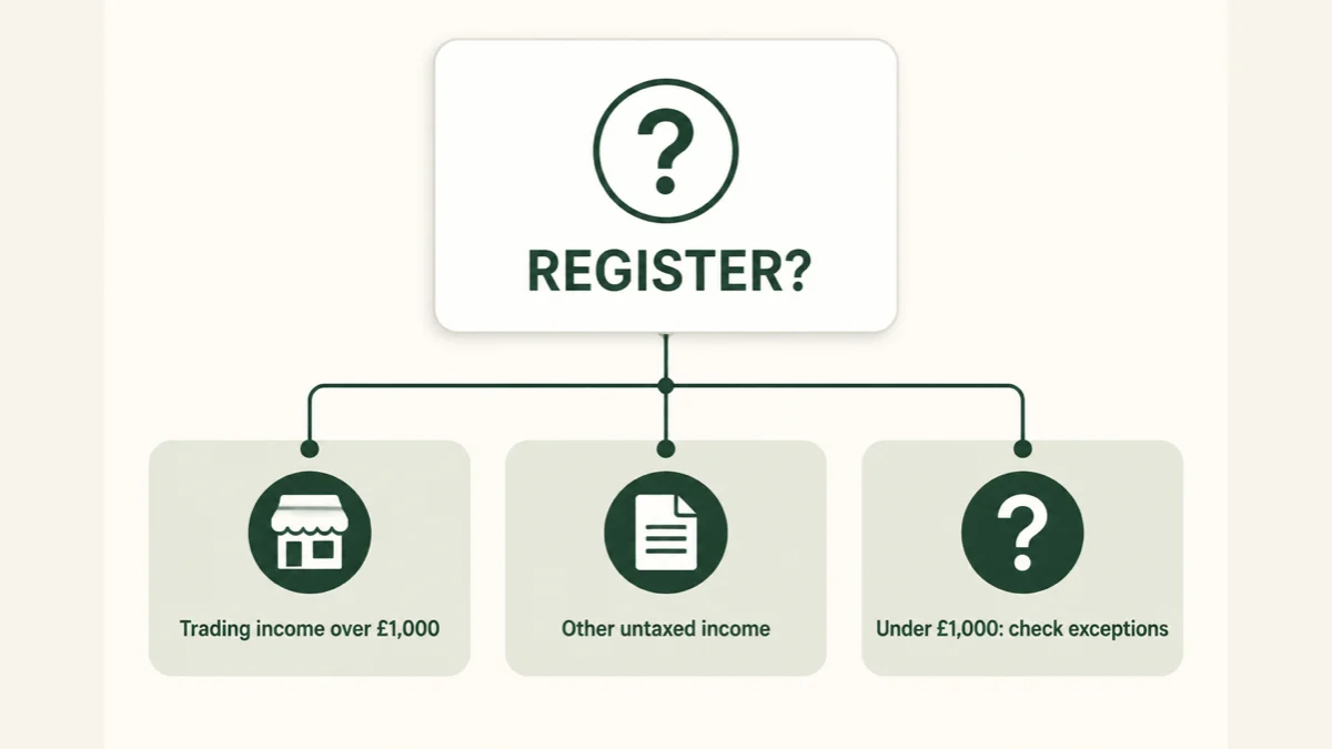 Decision tree asking whether to register for Self Assessment based on trading income over £1,000, other untaxed income, or exceptions below £1,000