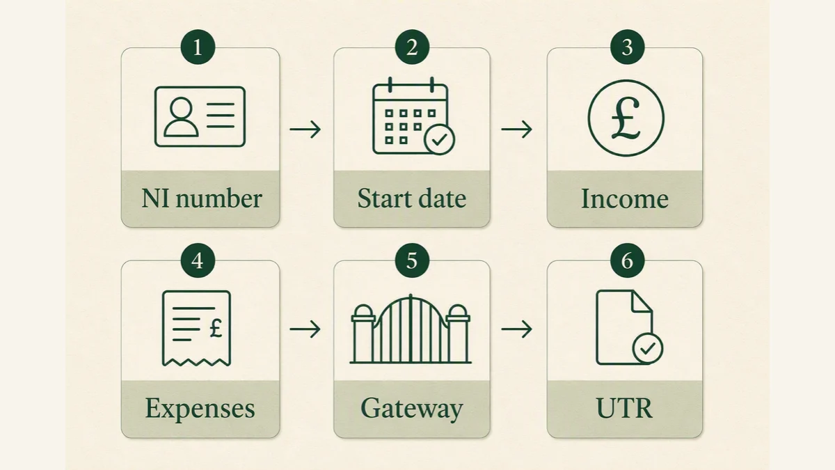 Checklist showing the practical items to prepare before Self Assessment registration: NI number, start date, income, expenses, Gateway and UTR