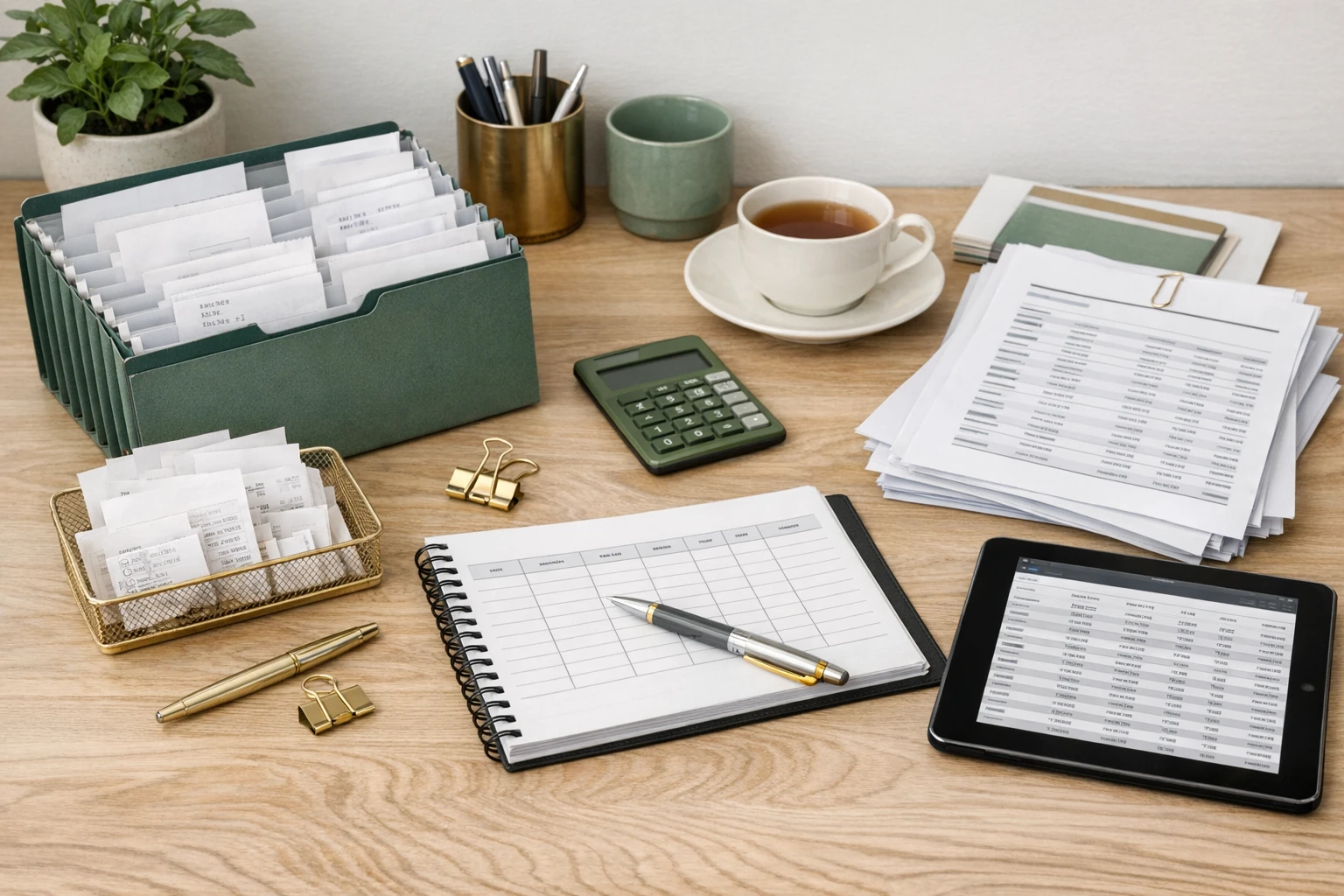 Checklist-style visual of UK self-employed expense evidence records including receipts, mileage logs, statements, and apportionment notes