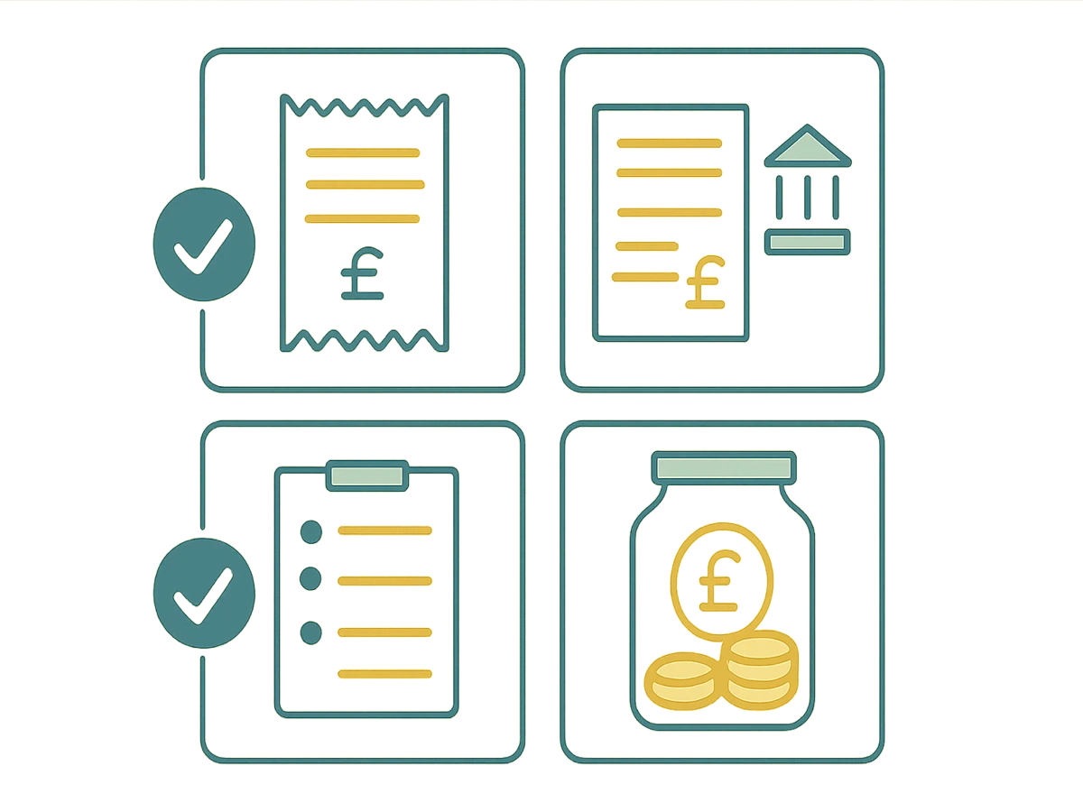Checklist graphic showing side hustle bookkeeping tasks: reconcile income, collect receipts, categorise expenses, estimate tax