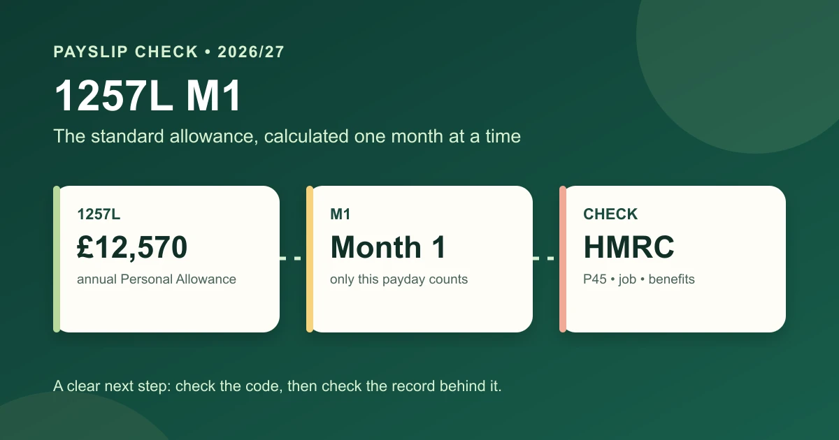 Payslip-style editorial visual showing the difference between 1257L and 1257L M1 for the 2026/27 tax year