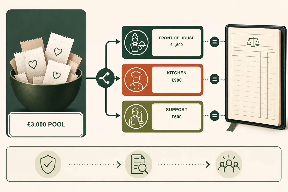 Illustration showing a £3,000 employer-controlled tip pool split between front-of-house, kitchen and support workers