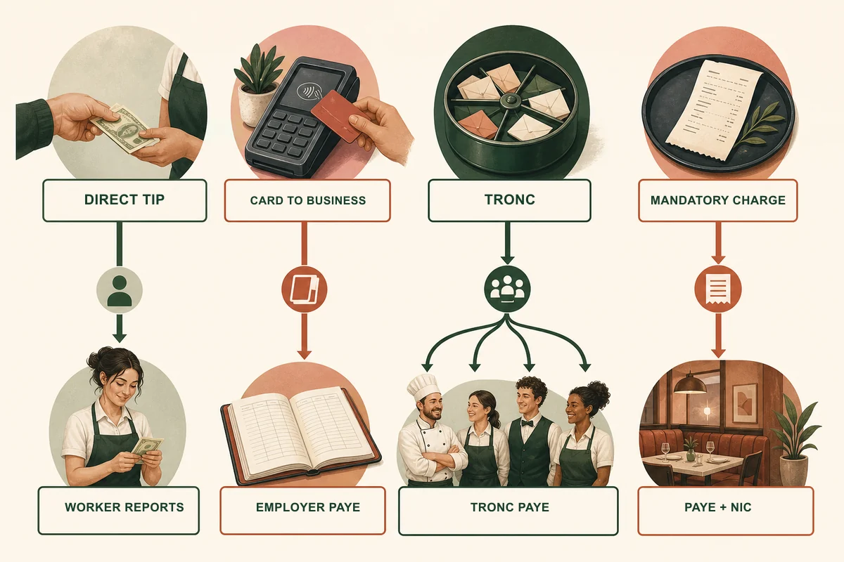 Decision map showing direct worker tips, employer-controlled tips, mandatory service charges and tronc arrangements with their payroll routes